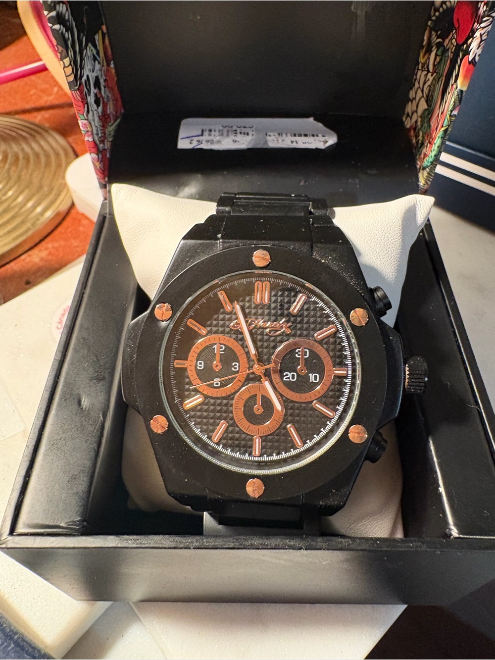 Ed Hardy Black and Rose Gold Sport Chronograph Watch
